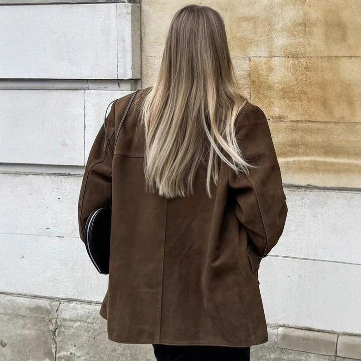 Damen Oversize Wildleder‑Blazer mit Reverskragen und Pattentaschen Drune