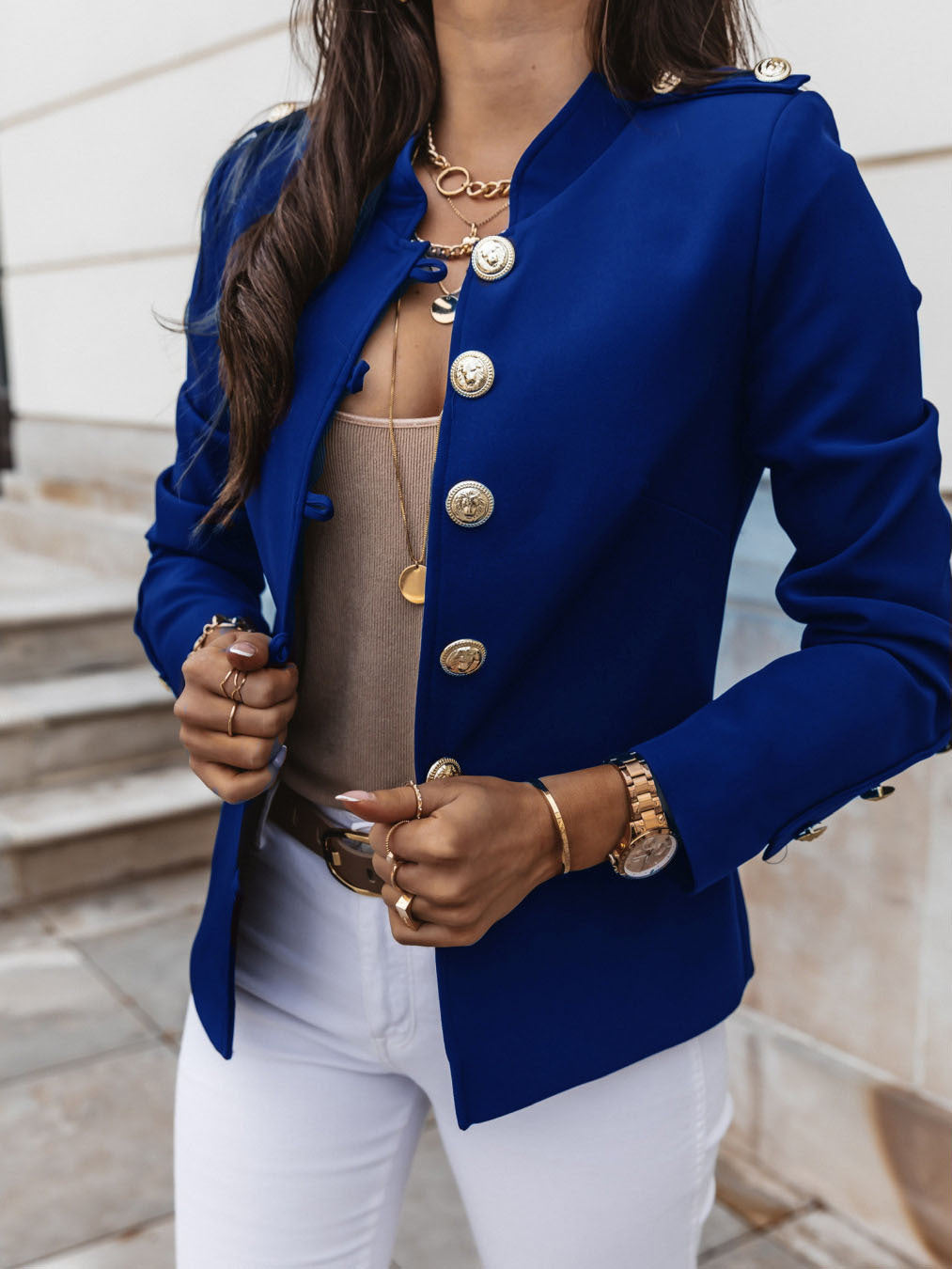 Damen nan militärischer Blazer mit Stehkragen und dekorativen Goldknöpfen Drune
