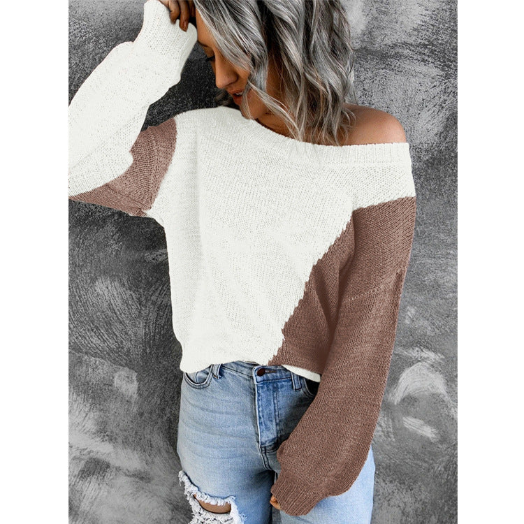 Damen Oversize Schulterfreier Strickpullover mit Colorblock-Design und weiten Ärmeln Drune