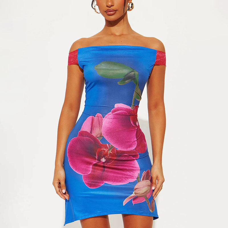 Damen Minikleid mit floralem Design und Off-Shoulder-Ausschnitt Drune