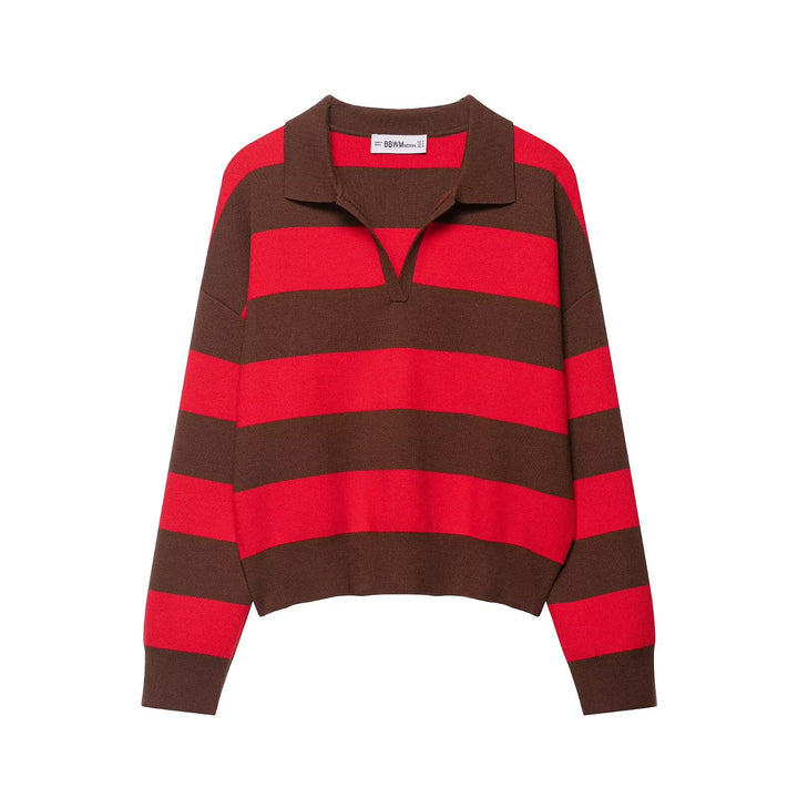 Damen Gestreifter Oversize-Rugby-Pullover mit Polokragen und V-Ausschnitt Drune
