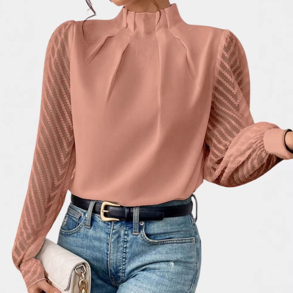 Damen Elegante Chiffonbluse mit Stehkragen, Faltenkante und transparenten Jacquard-Ärmeln Drune
