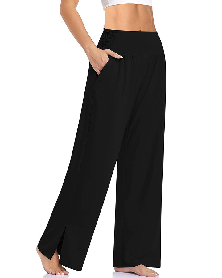 Damen nan weite Yogahose mit hohem Komfortbund, seitlichen Eingrifftaschen und seitlichem Bein-Schlitz Drune