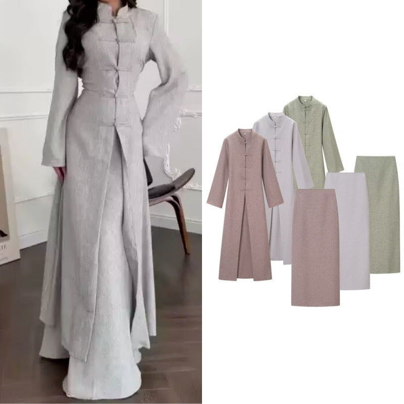 Damen Langärmliges Maxikleid mit Stehkragen Knebelknopfverschluss und vorderem Schlitz Drune
