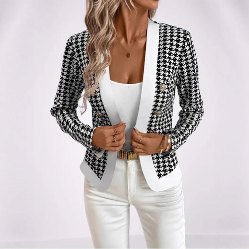 Damen Moderne Blazerjacke mit Hahnentrittmuster und eleganten Knöpfen Drune