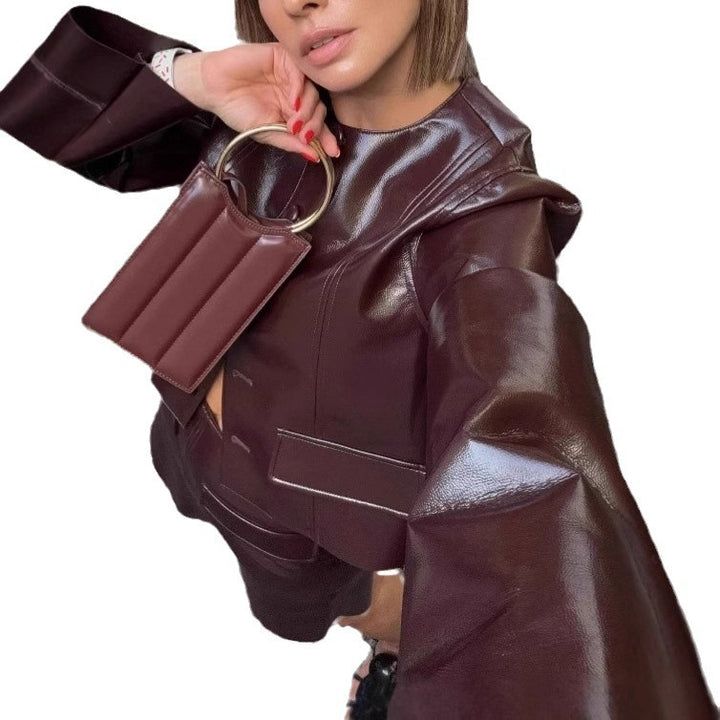 Damen modische Kunstlederjacke im klassischen Stil mit großzügigen Taschen Drune