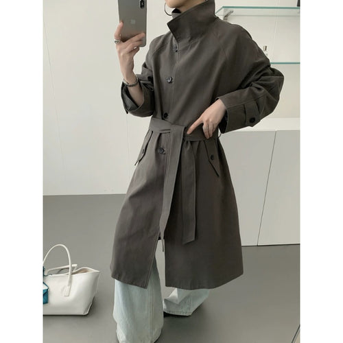 Damen Midilanger Trenchcoat mit hohem Stehkragen, Bindegürtel und lässiger Oversize-Silhouette Drune