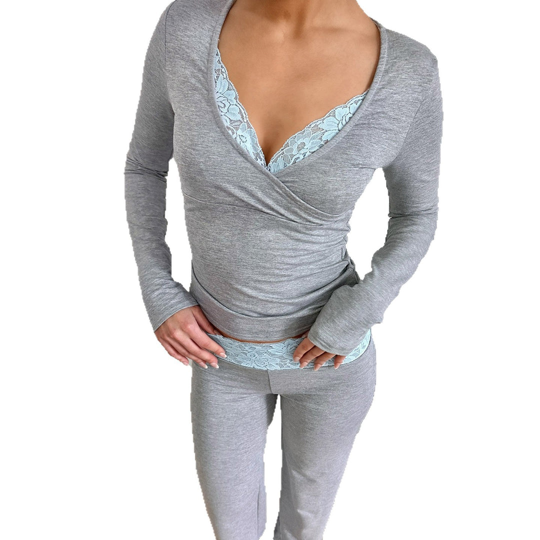 Damen Zweiteiliges Lounge-Set aus Stretchjersey mit V‑Ausschnitt Crop-Top und ausgestellter hochtaillierter Hose Drune