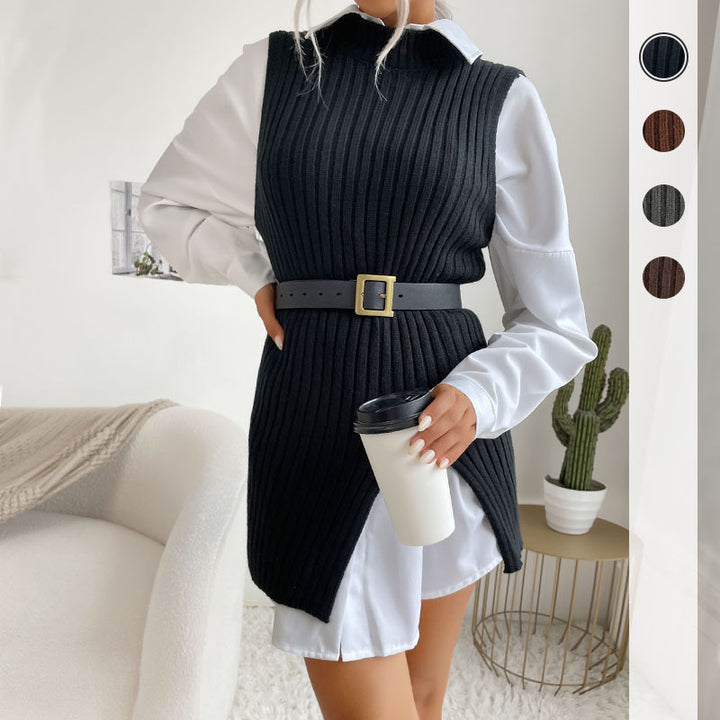 Damen Gerippte Strick‑Tunika mit Stehkragen, seitlichen Schlitzen und figurbetonter Silhouette Drune