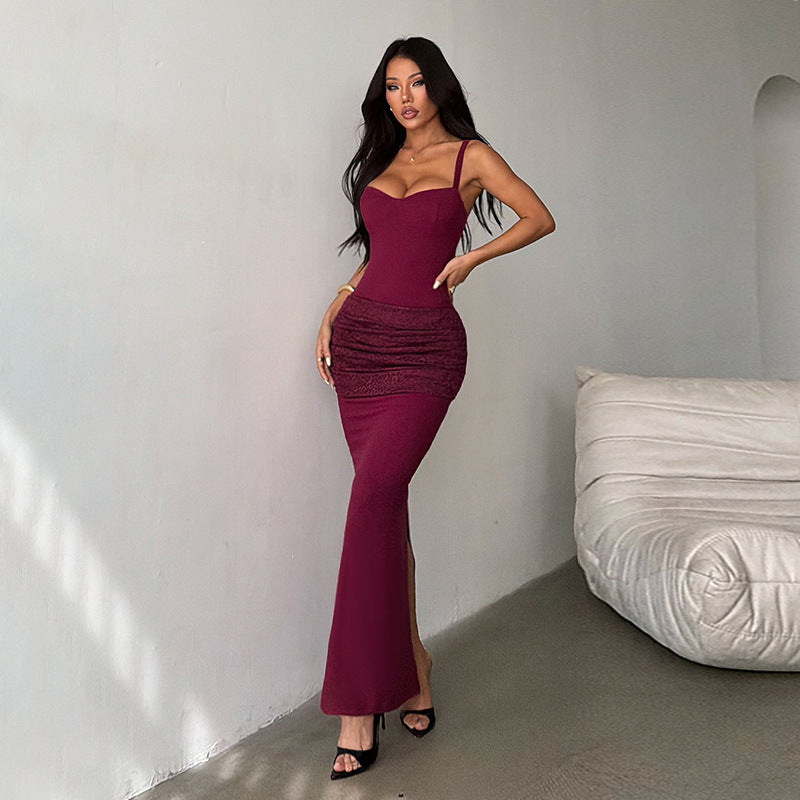 Damen elegantes Maxikleid mit gerafftem Oberteil und herzförmigem Ausschnitt Drune