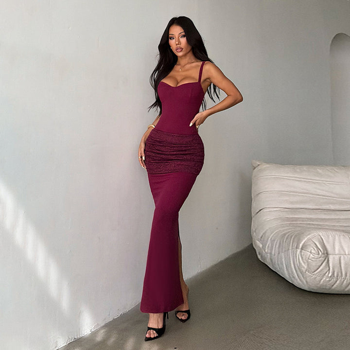 Damen elegantes Maxikleid mit gerafftem Oberteil und herzförmigem Ausschnitt Drune