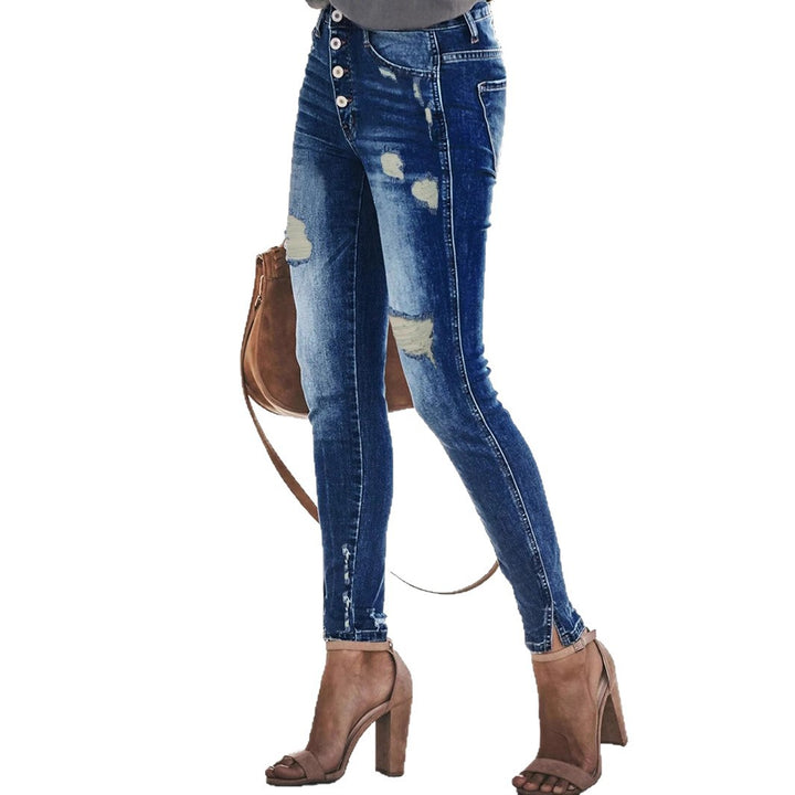 Damen High-Waist Skinny-Jeans im Used-Look mit sichtbarer Knopfleiste und Knöchel-Schlitz Drune