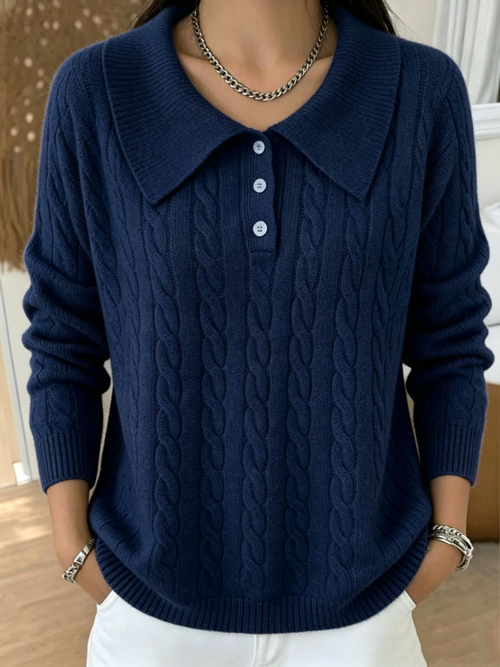 Damen Kabelstrick-Polo-Pullover mit großem Umlegekragen und lockerer Silhouette Drune