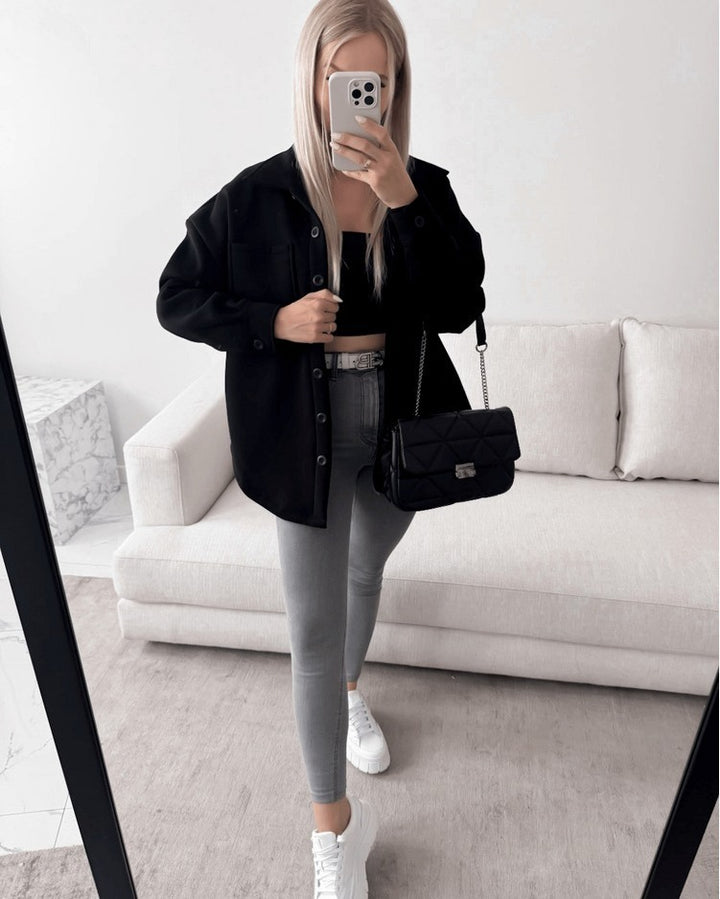 Damen Oversized Hemdjacke Shacket aus weichem Wollmix mit aufgesetzten Brusttaschen Drune