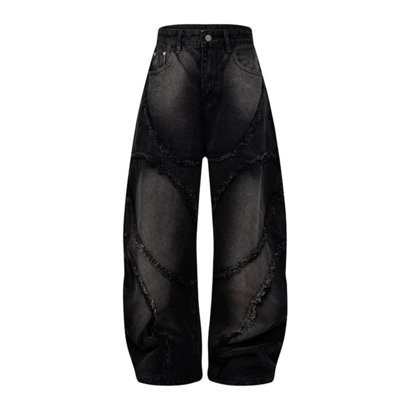 Damen Baggy-Jeans mit hohem Bund, ballonförmiger Weite und ausgefransten Patchnähten Drune