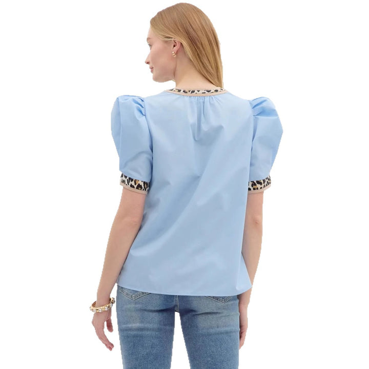Damen nan legeres Blusen-Top mit voluminösen Puffärmeln, V-Ausschnitt und Leoprint-Besatz Drune