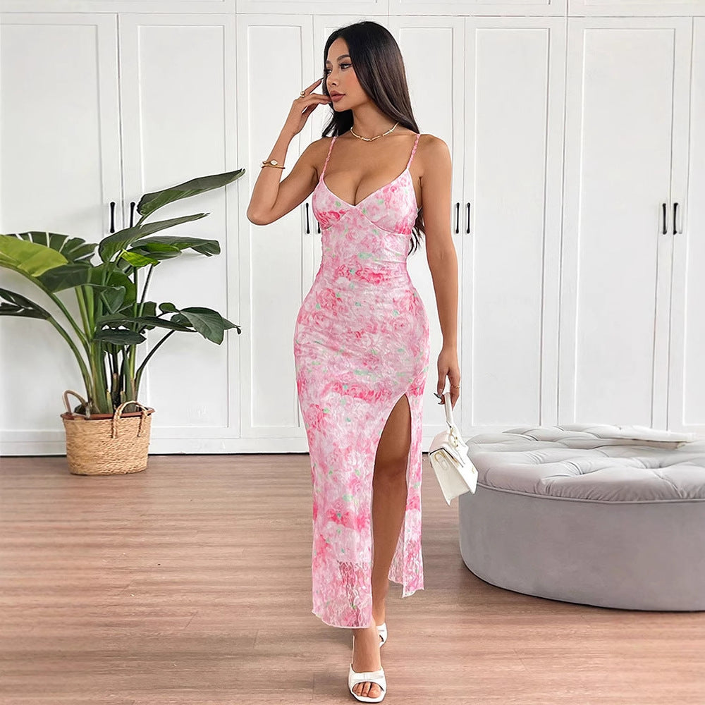 Damen elegantes Maxikleid mit floralem Muster und seitlichem Schlitz Drune