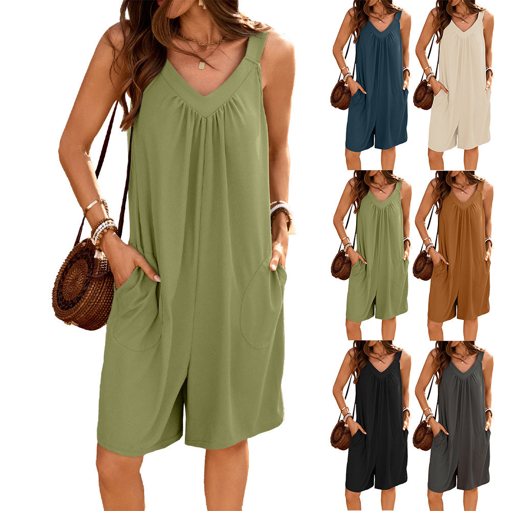 Damen ärmelloses Jumpsuit mit tiefem V-Ausschnitt und praktischen Taschen Drune
