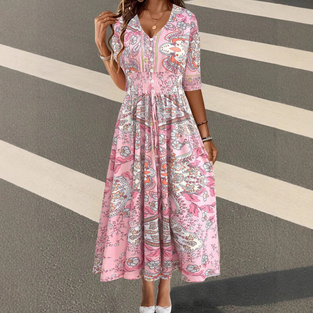 Damen Boho-Maxikleid mit V-Ausschnitt, Knopfleiste und Smokbund Drune