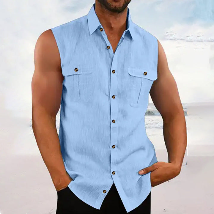 Herren ärmelloses Chambray-Hemd mit Brusttaschen und Knopfdetails Drune