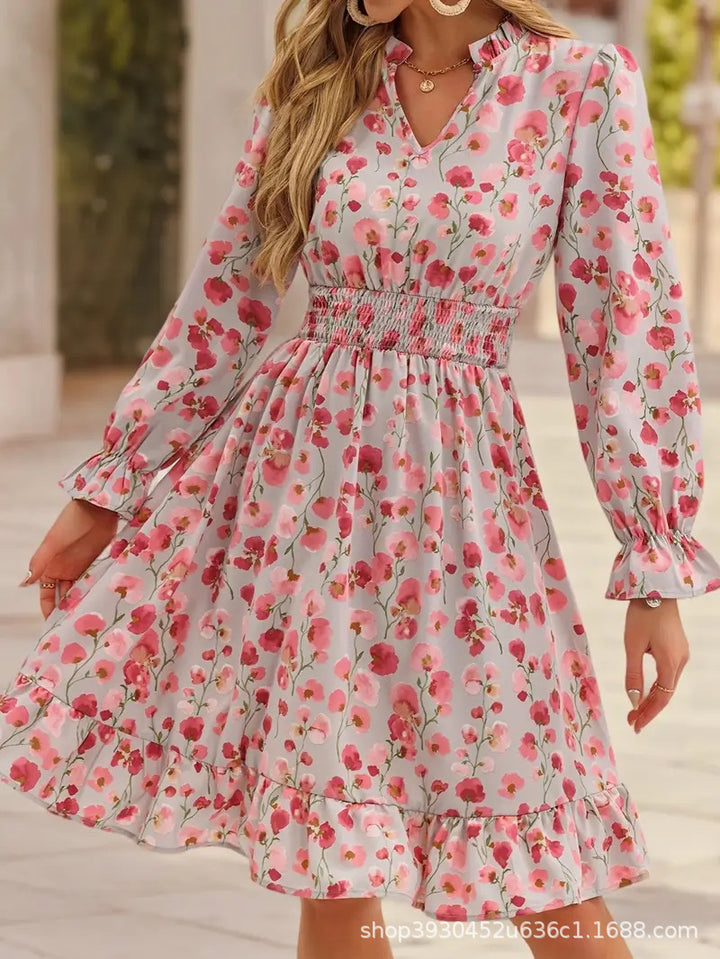 Damen Blütenmuster Mini-Kleid mit voluminösen Ärmel und elastischem Taillenbund Drune