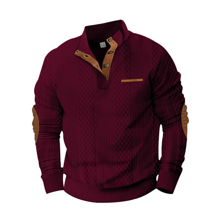 Herren Strukturiertes Kabelstrick-Sweatshirt mit Halbknopfblende, Kunstleder‑Patchtasche & Ellbogenpatches Drune