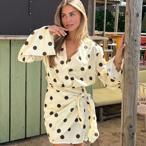 Damen Wickel-Minikleid mit V-Ausschnitt, Glockenärmeln und Polka-Dot-Print Drune