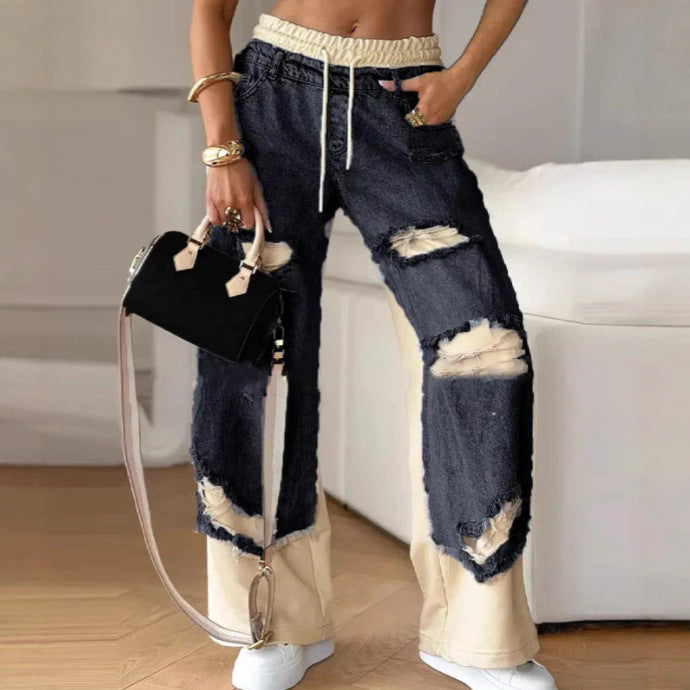 Damen nan weite Patchwork-Jeans mit elastischem Tunnelzugbund, Destroy-Look und kontrastierenden Sweat-Einsätzen Drune