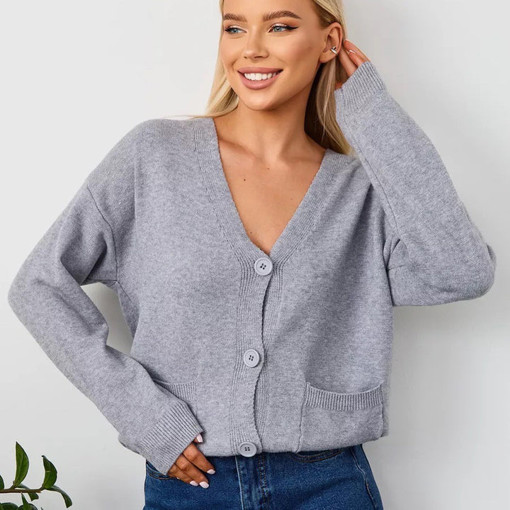 Damen Grobstrick-Cardigan mit tiefem V-Ausschnitt und praktischen Taschen Drune