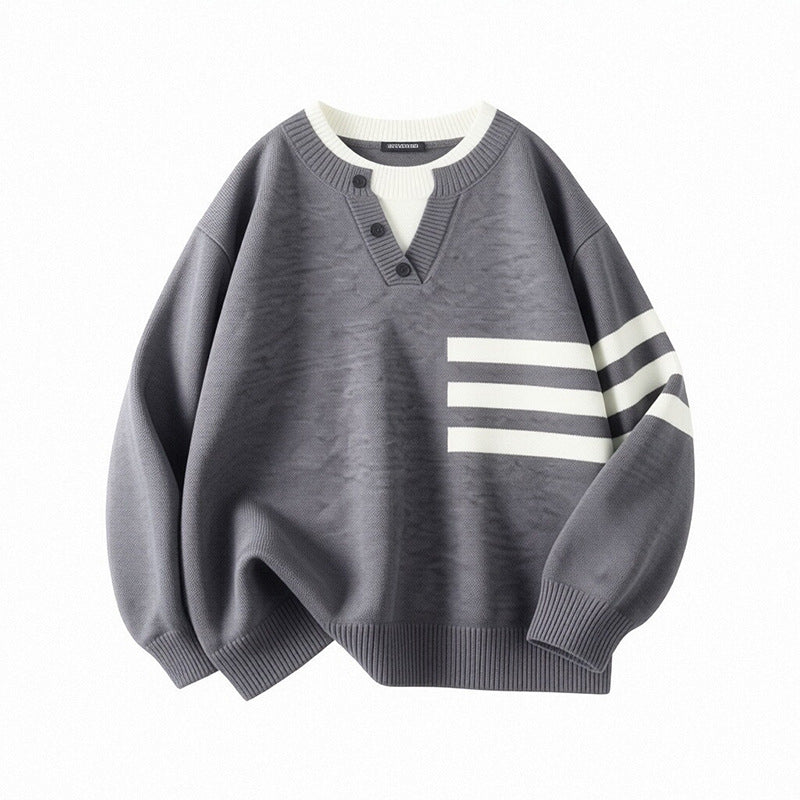 Damen Sportlicher Oversize Pullover mit Knopfleiste und Streifen Drune