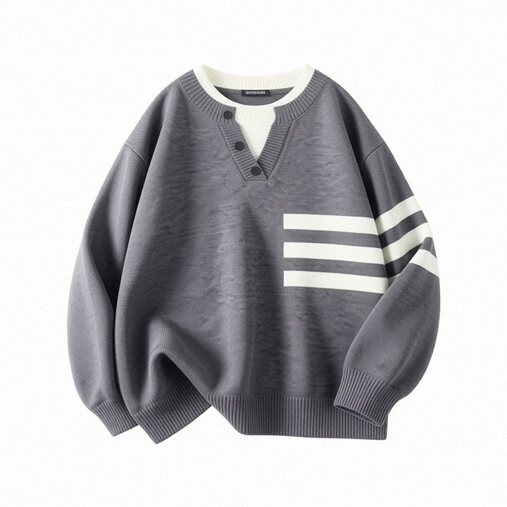 Damen Sportlicher Oversize Pullover mit Knopfleiste und Streifen Drune