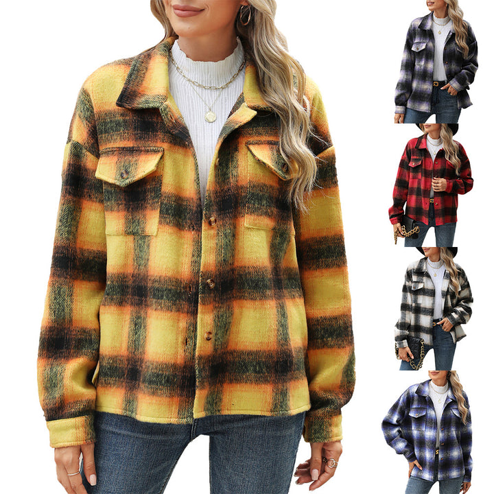 Damen Karierter Flanell Overshirt mit Brusttaschen und lässigem Schnitt Drune