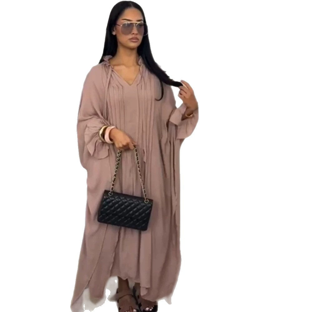 Damen Maxikleid im Kaftan-Stil mit Rüschenkragen, Bindebändern und voluminösen Ärmeln Drune