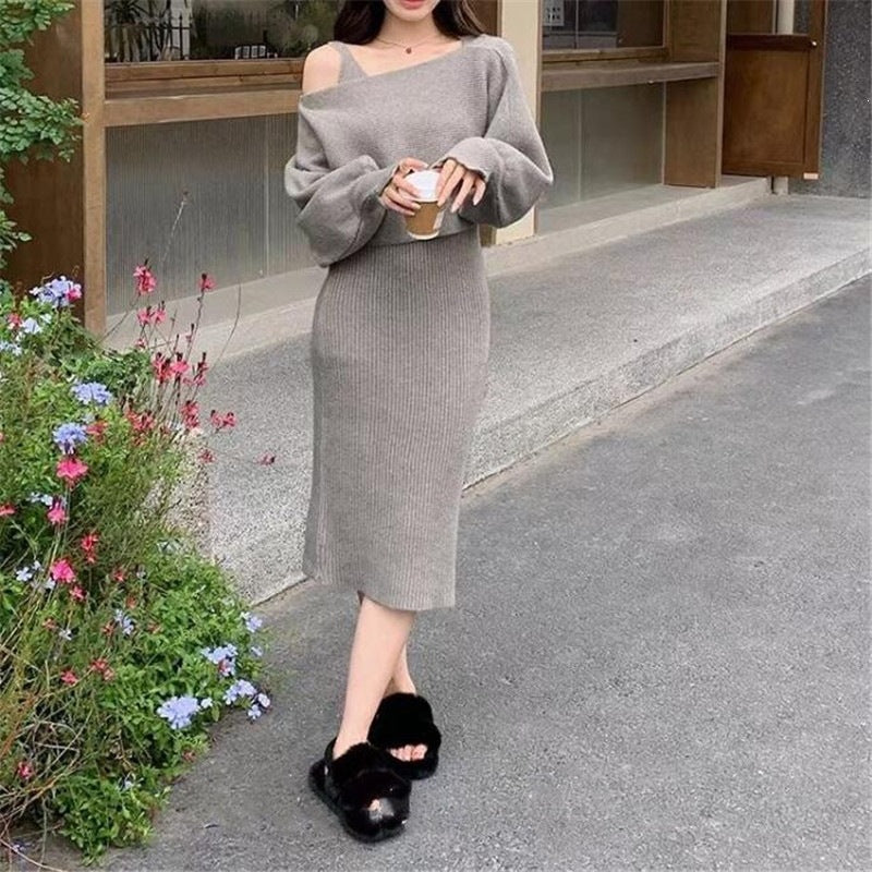 Damen Elegantes Strickkleid mit V-Ausschnitt und passendem Cardigan Drune