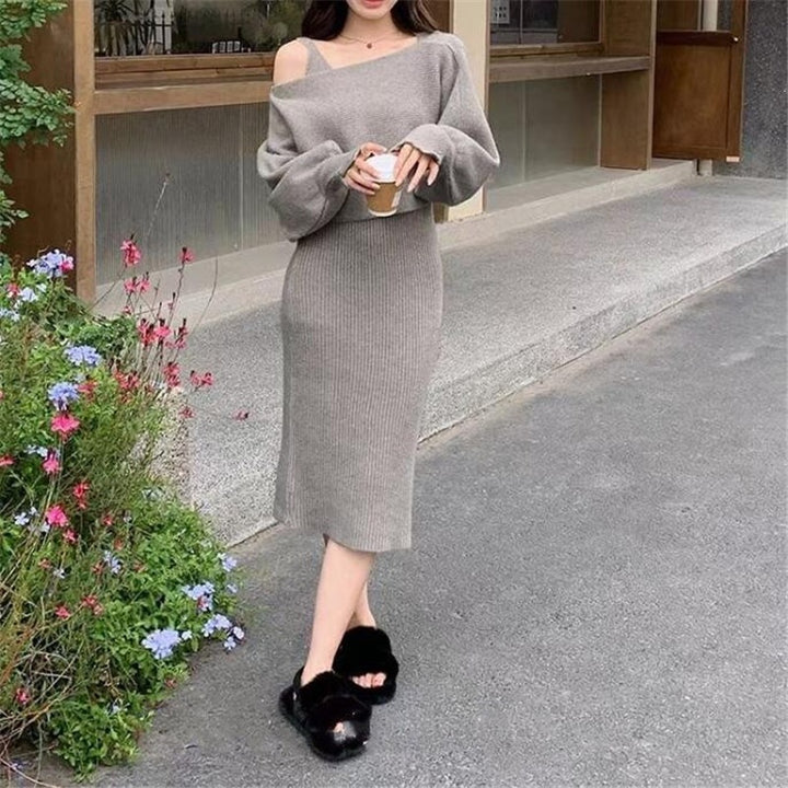 Damen Elegantes Strickkleid mit V-Ausschnitt und passendem Cardigan Drune
