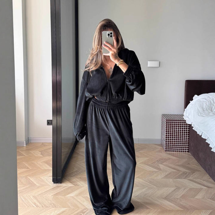 Damen Fleece-Loungewear-Anzug mit modernem Reißverschluss und weitem Schnitt Drune