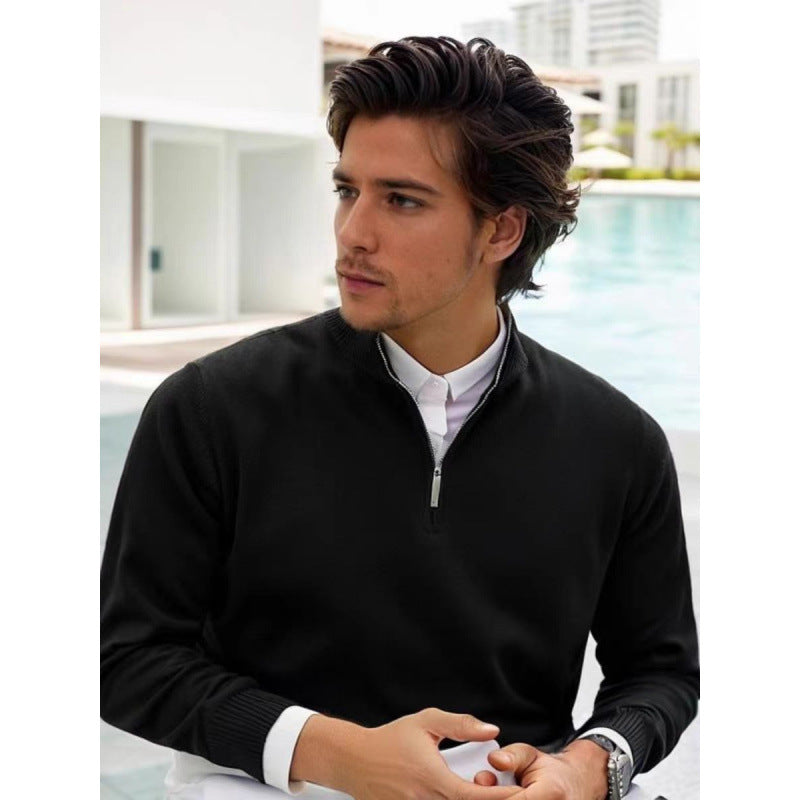 Herren Feinstrick-Halbzip-Pullover mit Stehkragen und Rippbündchen Drune