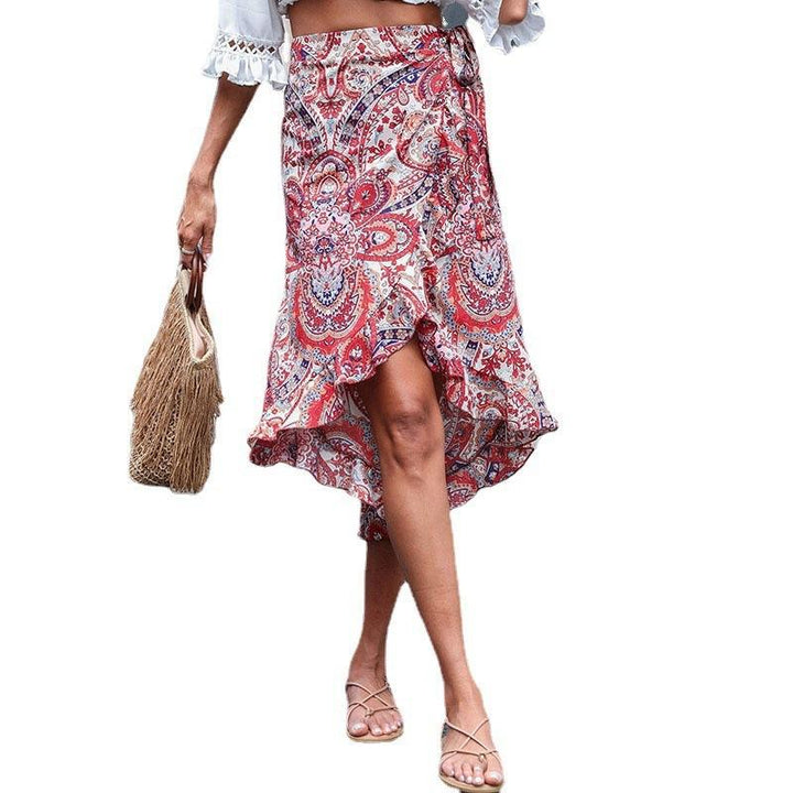Damen asymmetrischer Wickelrock mit floralen Mustern und Taillenzug Drune