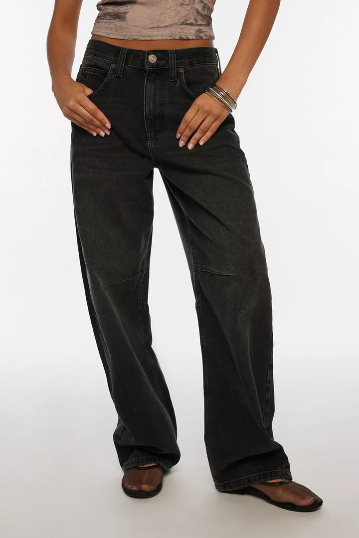 Damen lässige weite Jeans mit hoch geschnittenem Bund und seitlichen Taschen Drune
