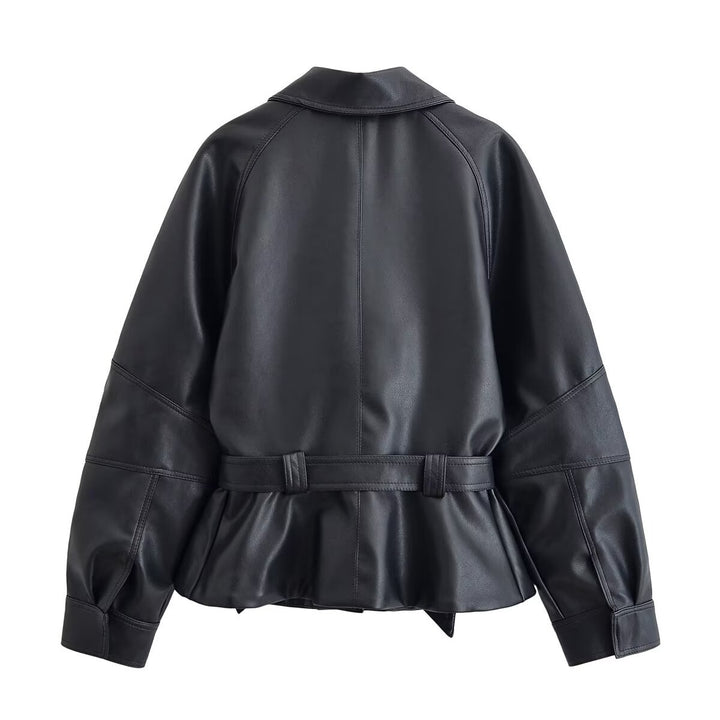 Damen Cropped-Lederoptik-Blouson mit Wickelgürtel, Oversize-Ärmeln und markanten Ziernähten Drune