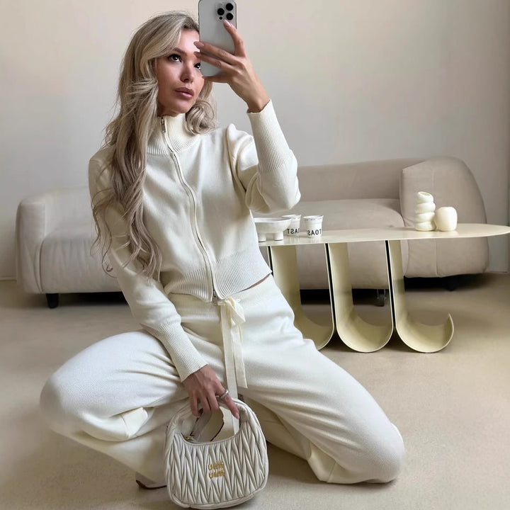 Damen gestricktes Lounge-Set mit kurzem Reißverschluss-Cardigan und weitem High-Waist-Jogginghose Drune