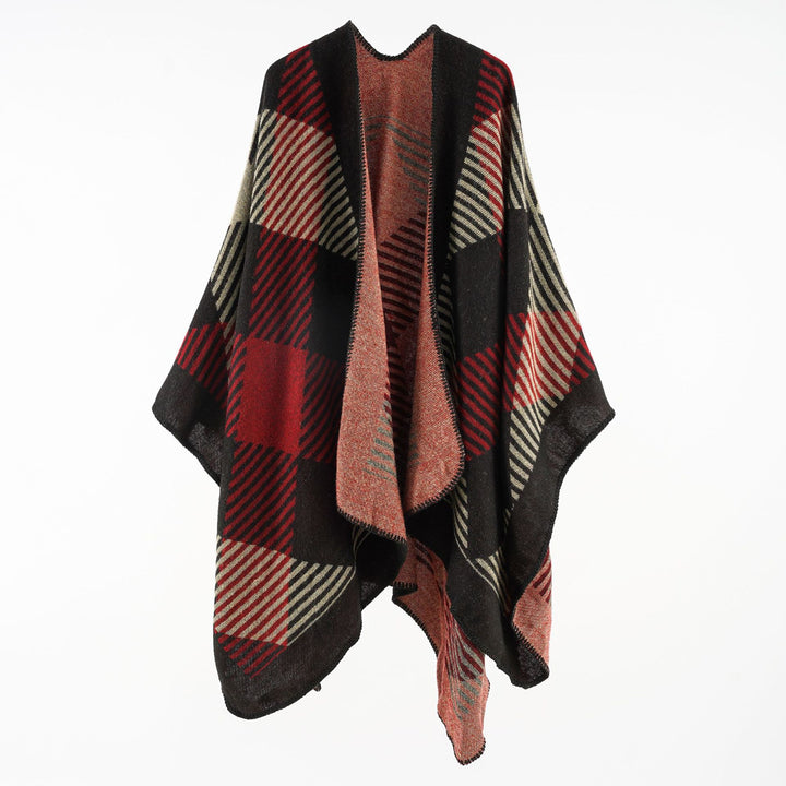 Damen Umhangponcho aus Wollmix mit geometrischem Streifen-Jacquard und offener Kantennaht Drune