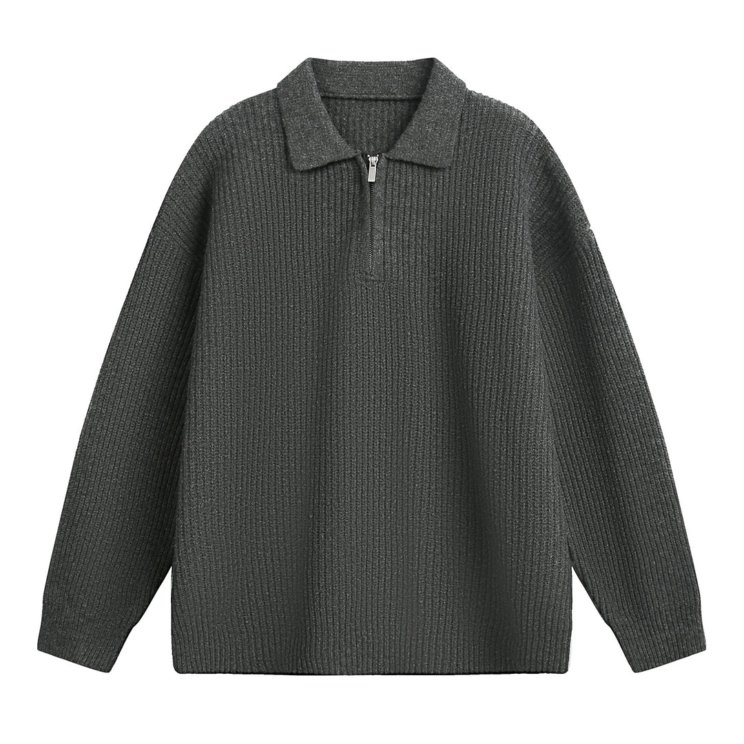Unisex Boxy-Rippenpullover mit Polokragen und kurzem Metall-Halbzip Drune