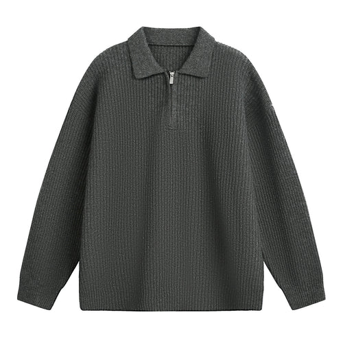 Unisex Boxy-Rippenpullover mit Polokragen und kurzem Metall-Halbzip Drune