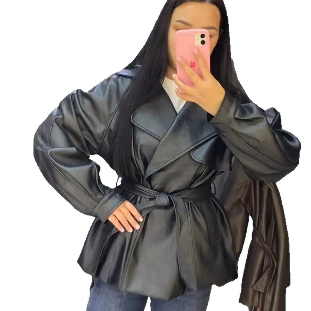 Damen Kurze Kunstleder-Wickeljacke mit Taillengürtel und übergroßem Revers Drune