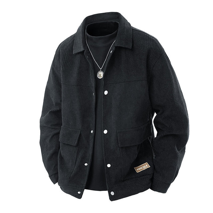 Men's  relaxed corduroy chore jacket with patch flap pockets and metal snap front Drune