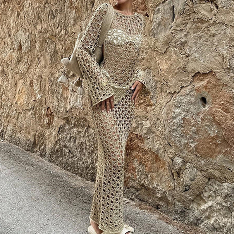 Damen Elegantes Häkel-Maxikleid mit weitem Schnitt und feinen Details Drune