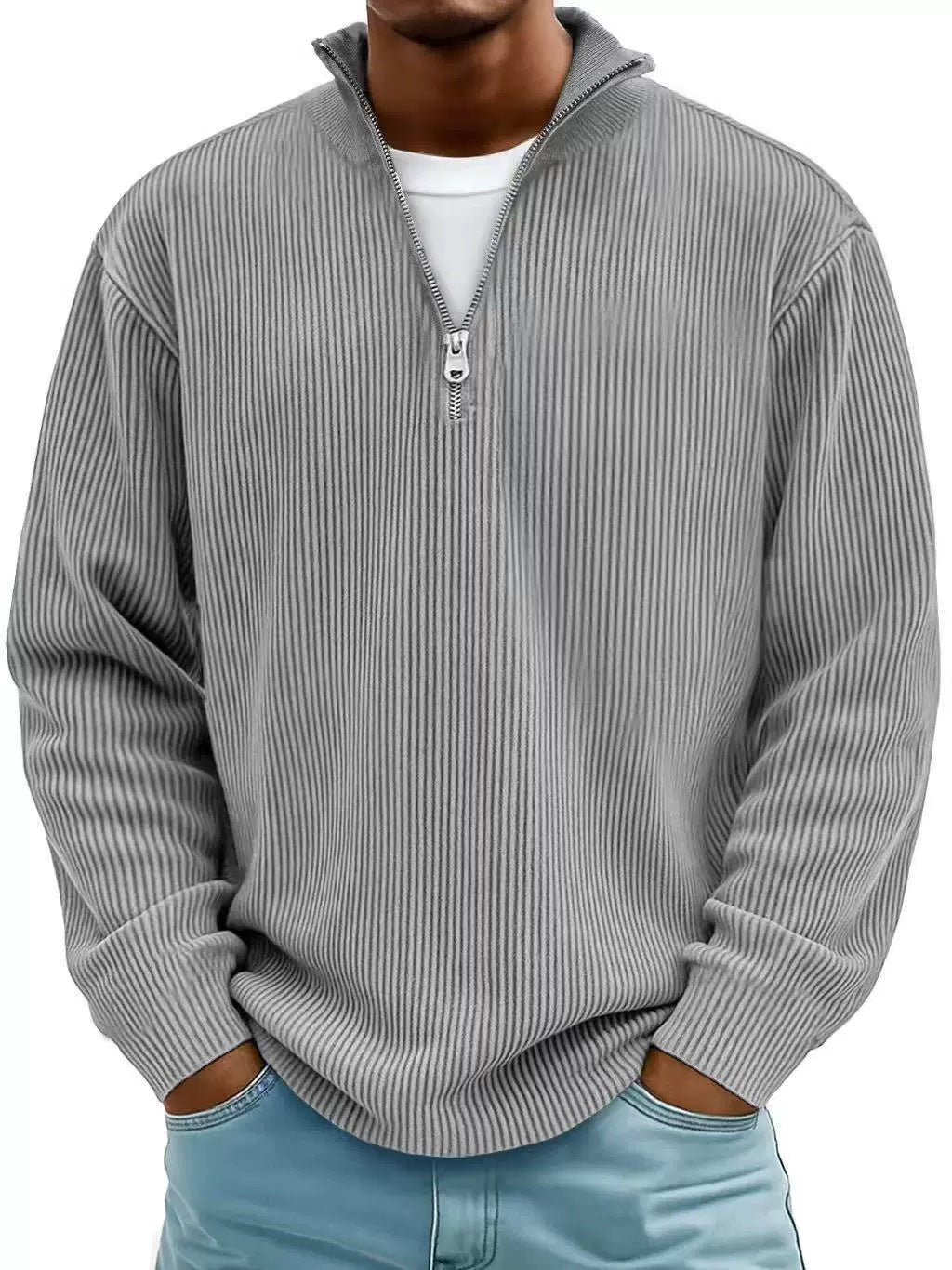 Herren Gerippter Halbzip-Strickpullover mit Stehkragen und lockerer Passform Drune