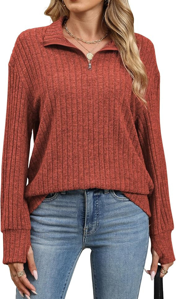 Damen Gerippter Halfzip-Pullover mit Stehkragen und Relaxed-Fit Drune