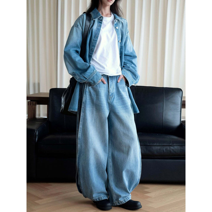 Damen Weite Jeanshose mit hohem Bund, tiefem Schritt und weitem Bein Drune